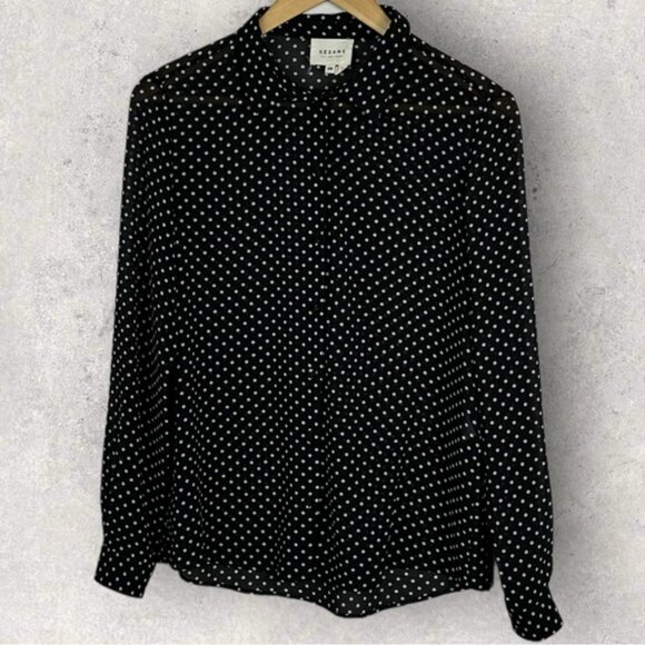 Sezane Black Tomboy Shirt Sheer Blouse Size 36 French US 4 Polka Dot Collared - Picture 1 of 12